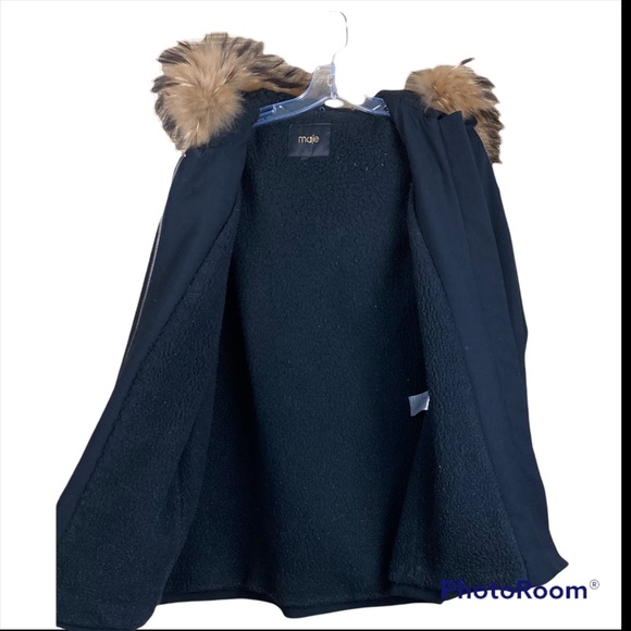 Maje Black Hooded With Racoon Trimed Coat Parka - Picture 10 of 11